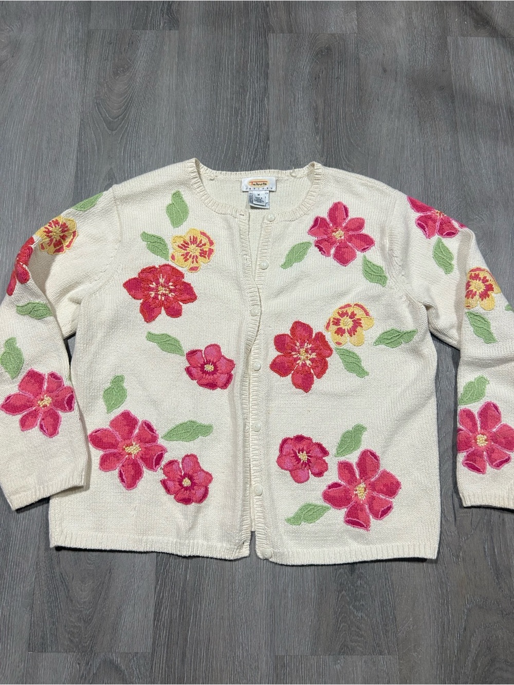 VTG Women Petites Talbots Hand Knit Floral Embroidered 100% Cotton Cottagecore